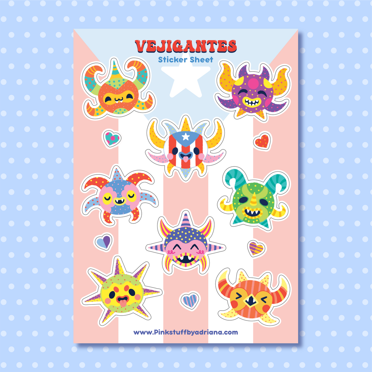 cute vejigantes sticker sheet with a puerto rican flag background