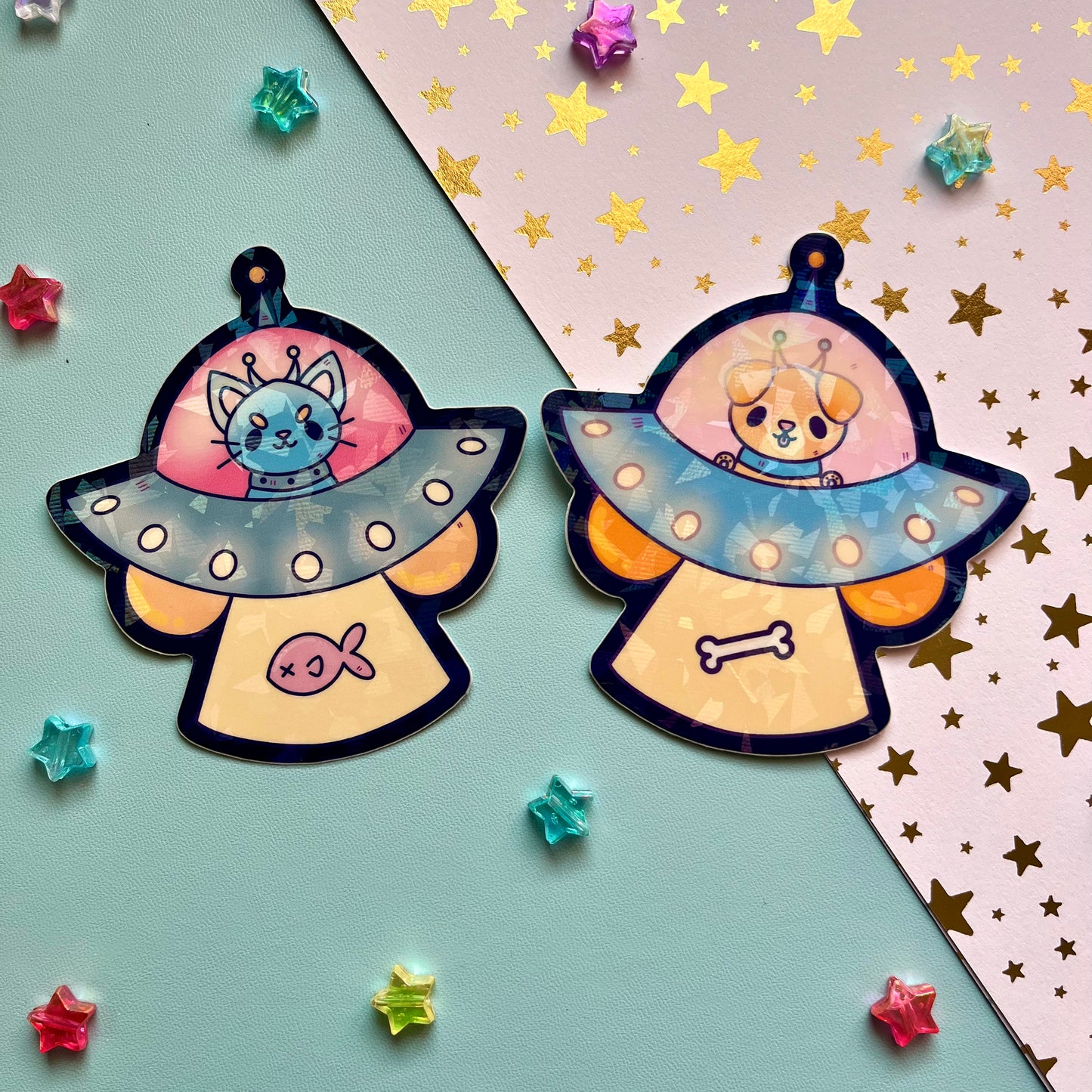 Cute Sparkly UFO Animal Vinyl Stickers