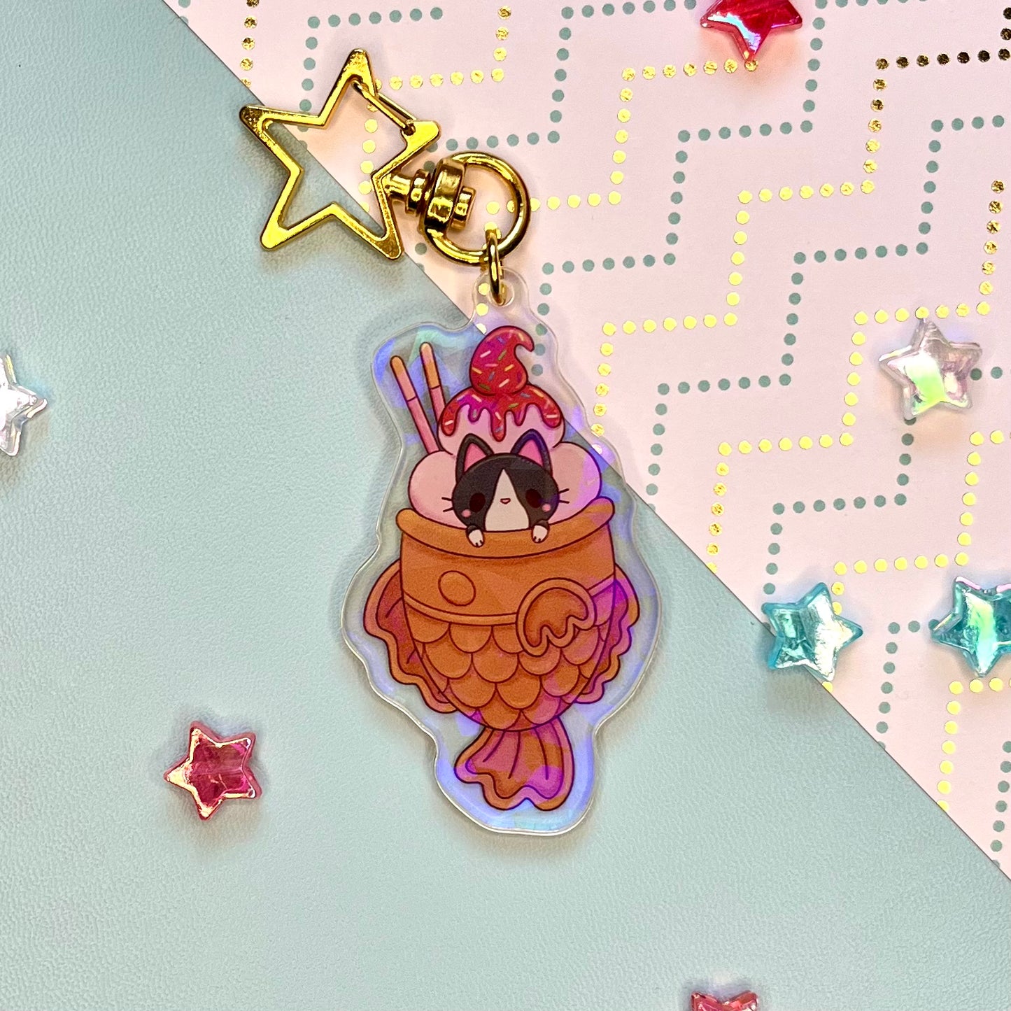 Kitty Taiyaki Sparkly Acrylic Keychain