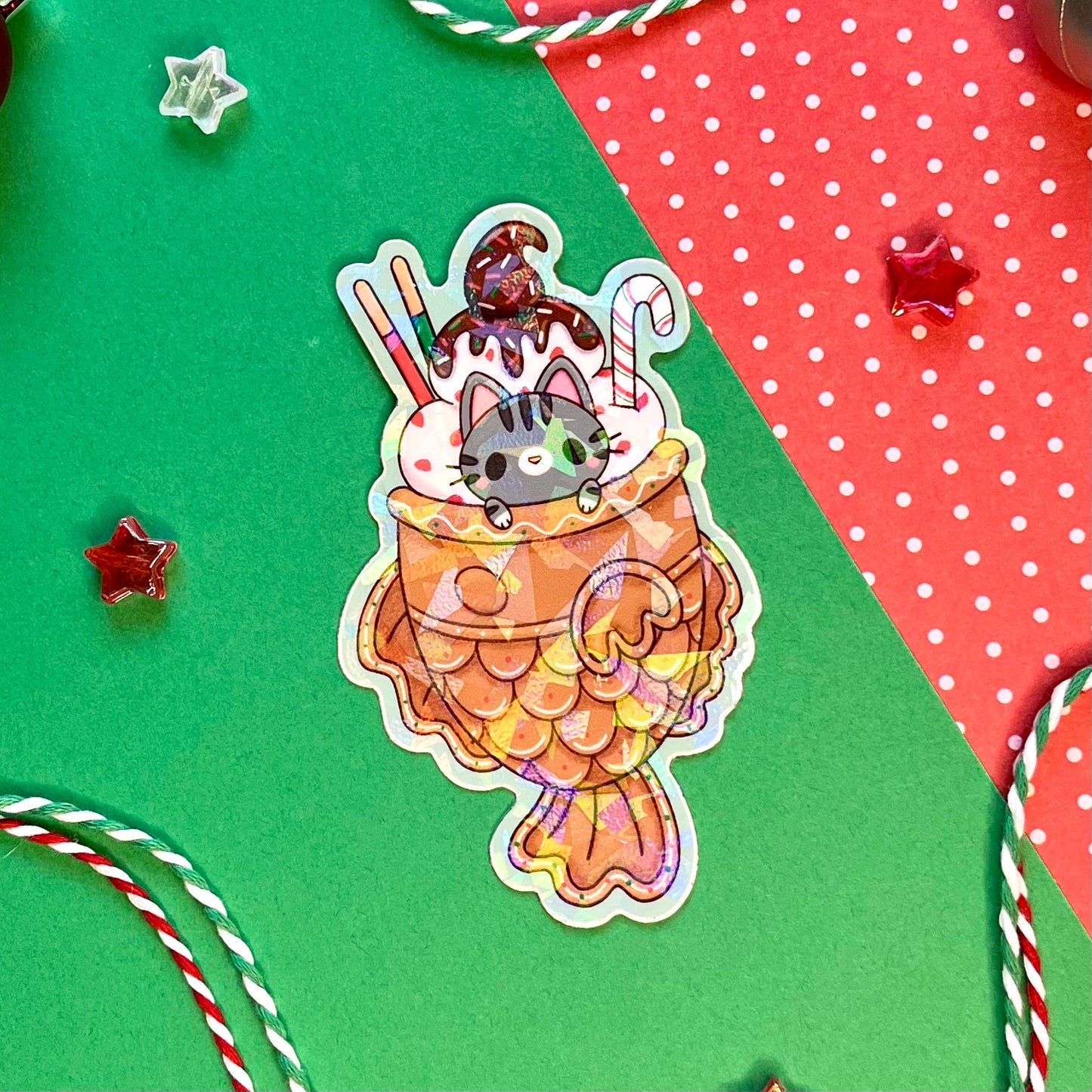 Holiday Taiyaki Cat Sparkly Vinyl Sticker