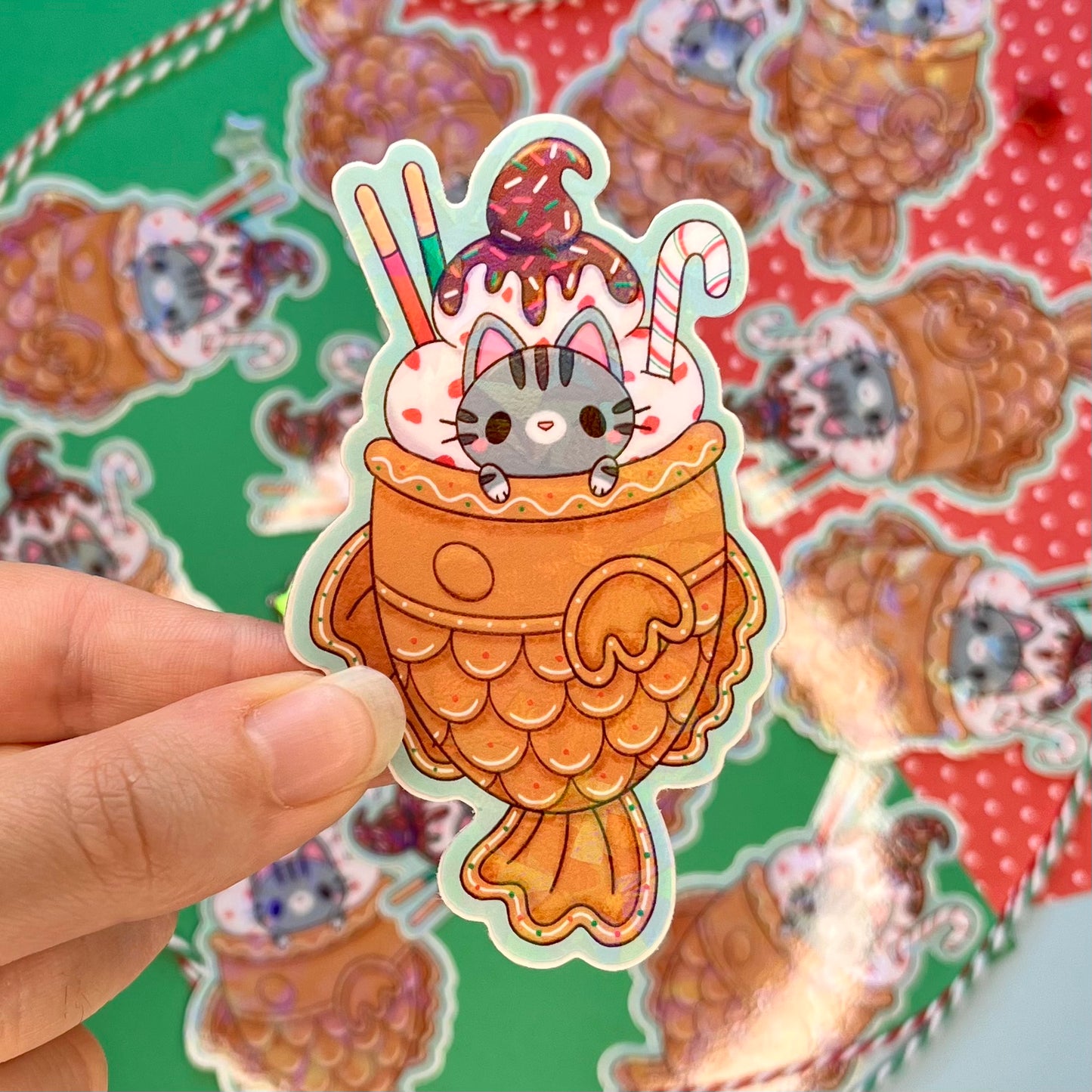 Holiday Taiyaki Cat Sparkly Vinyl Sticker