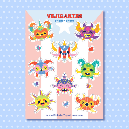 cute vejigantes sticker sheet with a puerto rican flag background