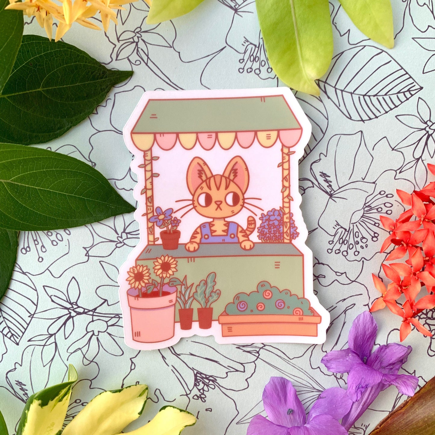 Flower Shop Cat Transparent Vinyl Sticker